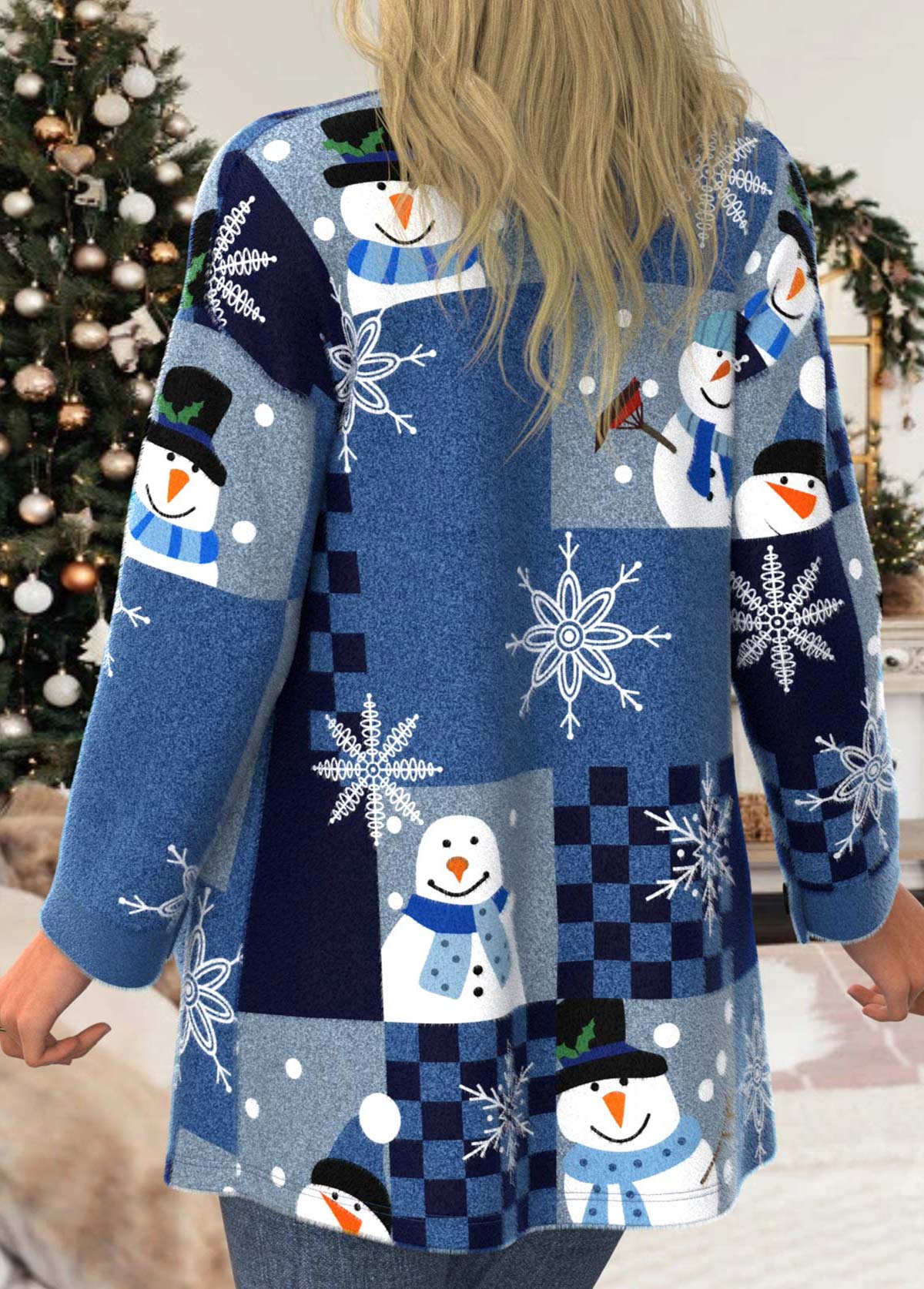 Plus Size Christmas Snowman Print Long Sleeve Blue Pocket Coat