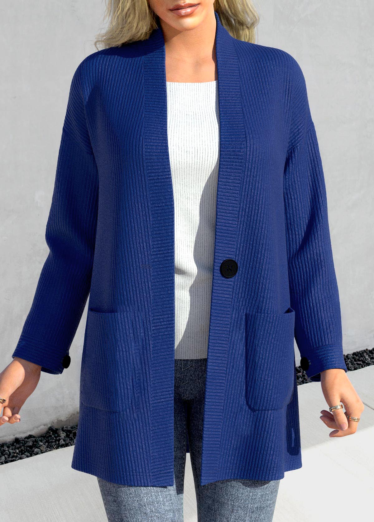 Plus Size Dark Blue Long Sleeve Pocket Coat