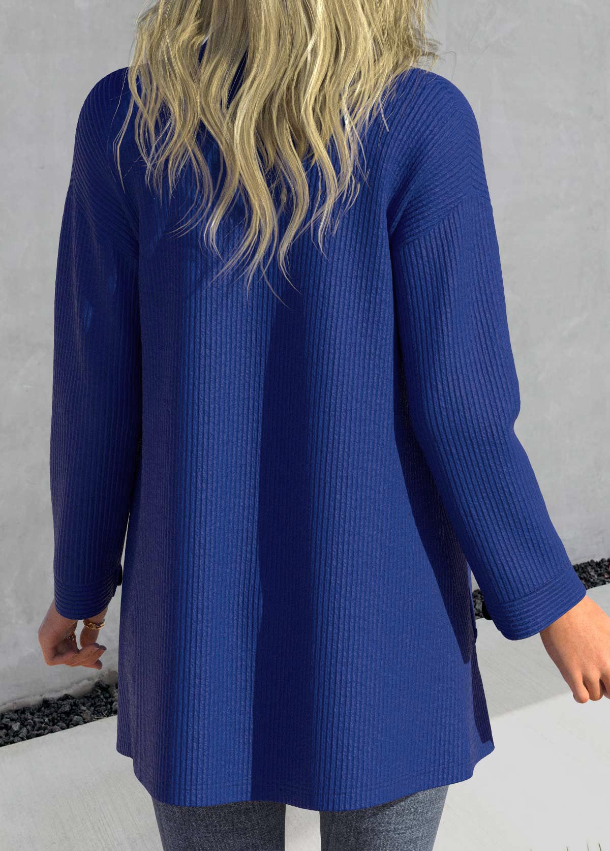 Plus Size Dark Blue Long Sleeve Pocket Coat