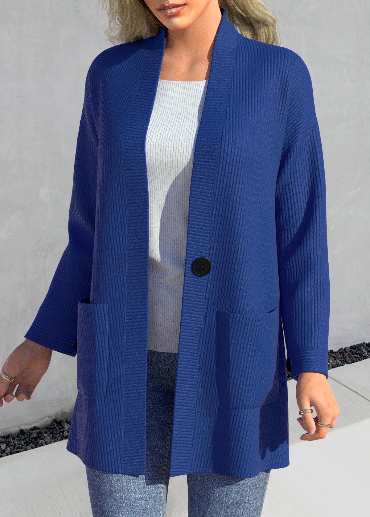 Plus Size Dark Blue Long Sleeve Pocket Coat