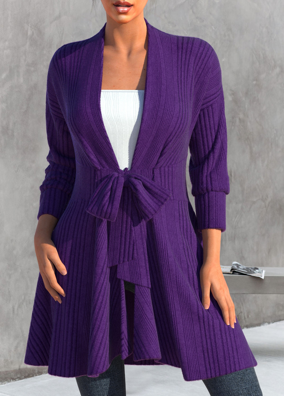 Dark Purple Plus Size Bowknot Long Sleeve Cardigan