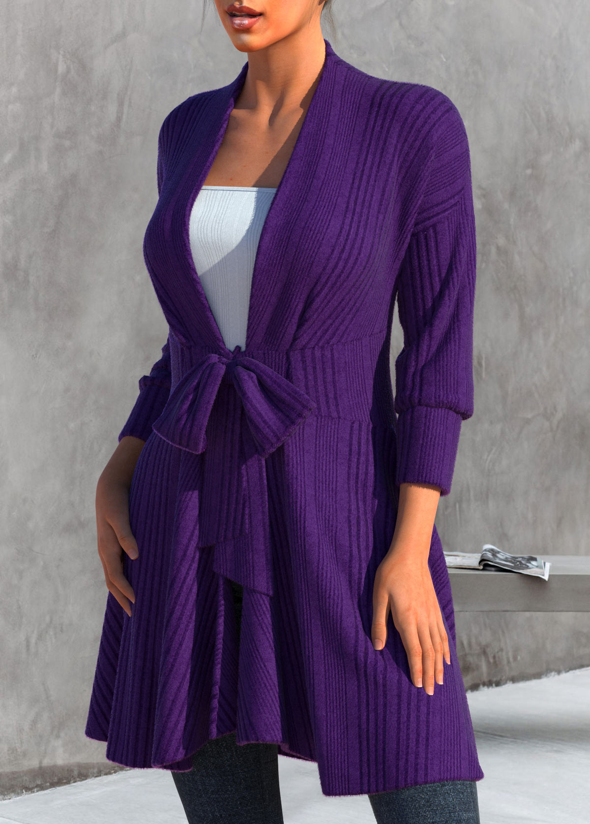 Dark Purple Plus Size Bowknot Long Sleeve Cardigan