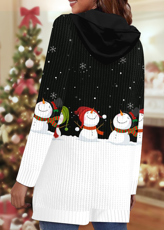Christmas Snowman Print Pocket Black Hooded Long Sleeve Coat