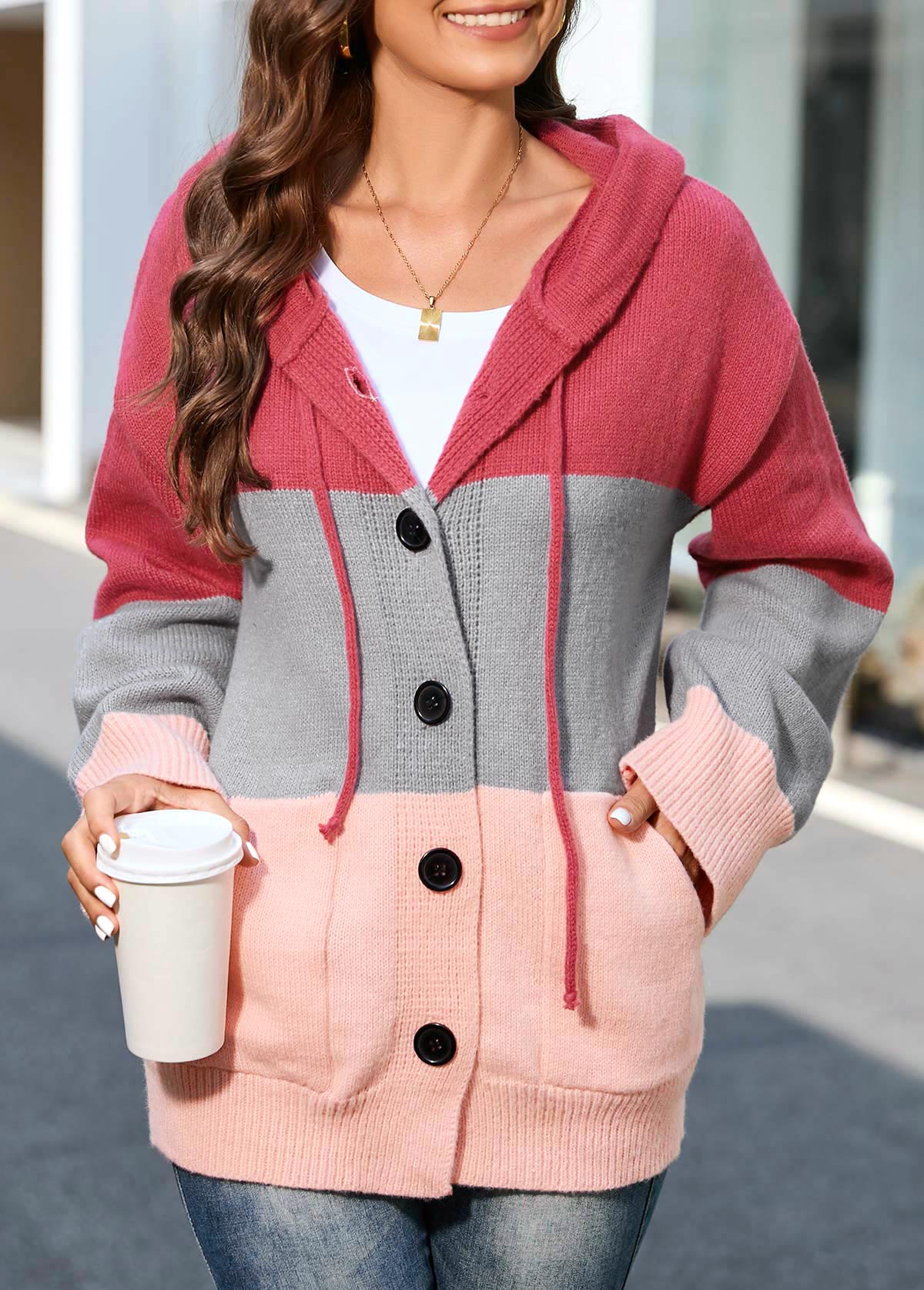 Plus Size Pink Drawstring Button Up Hooded Collar Cardigan