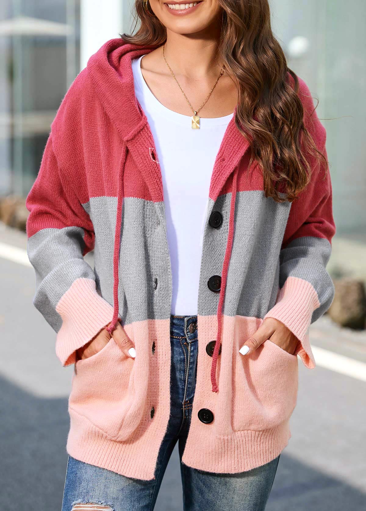 Plus Size Pink Drawstring Button Up Hooded Collar Cardigan