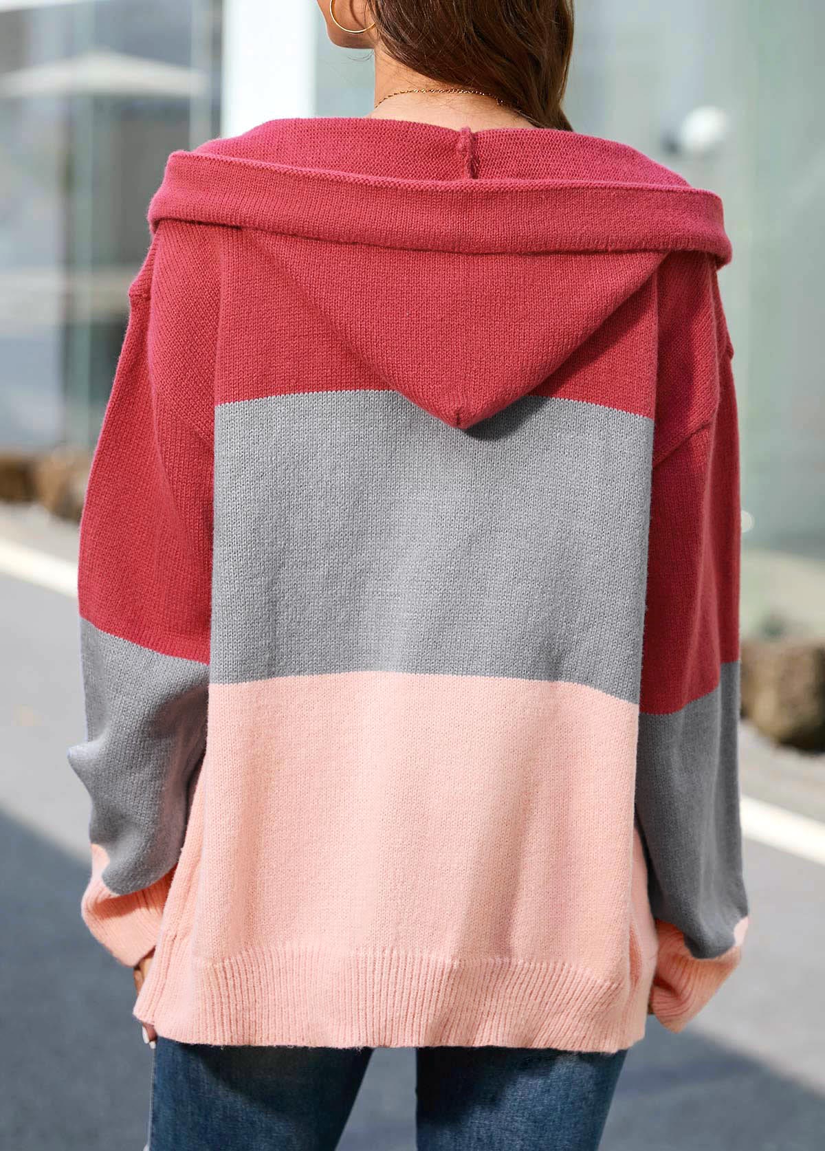 Plus Size Pink Drawstring Button Up Hooded Collar Cardigan