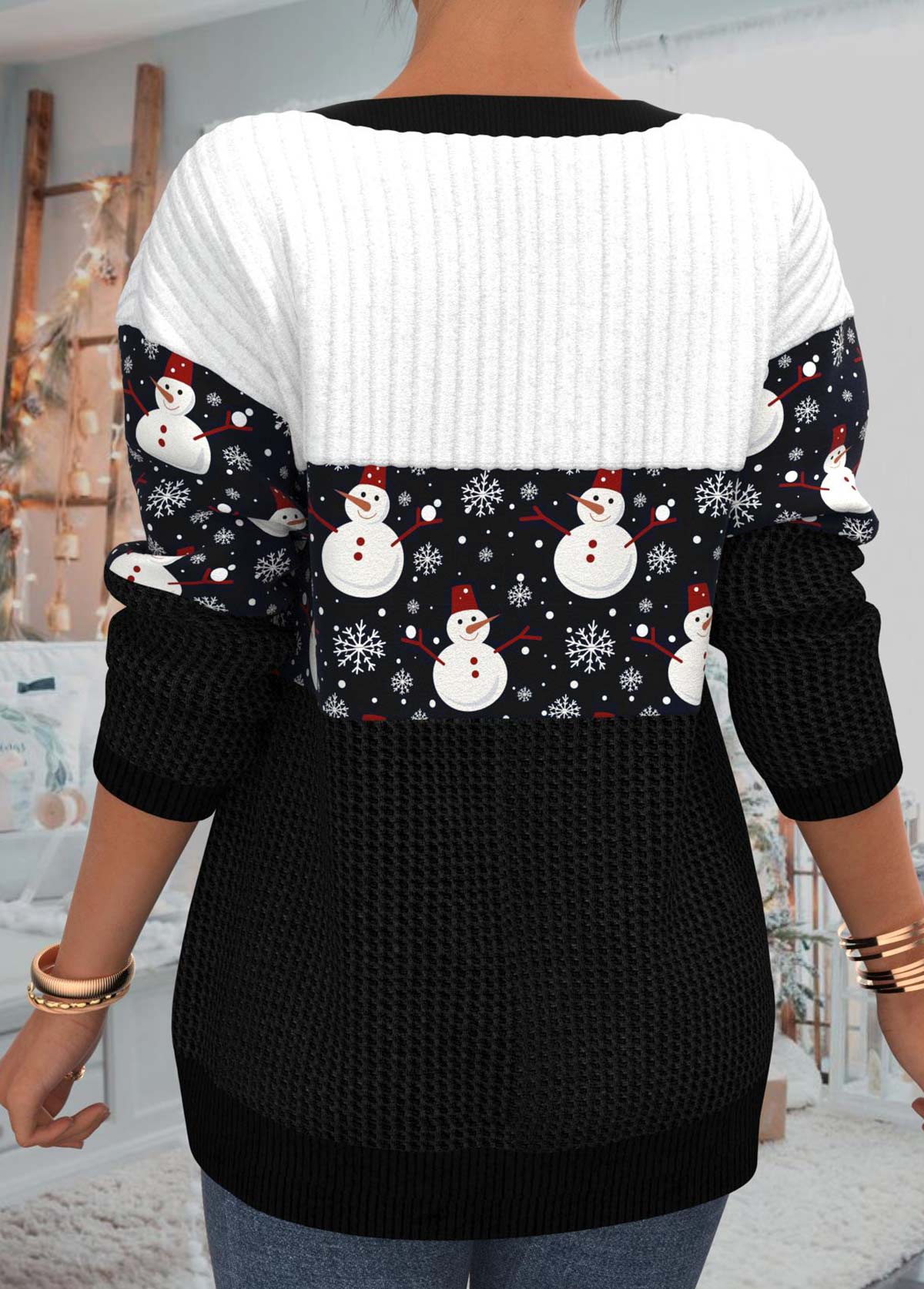 Snowman Print Christmas Patchwork Black Round Neck Sweatshirt