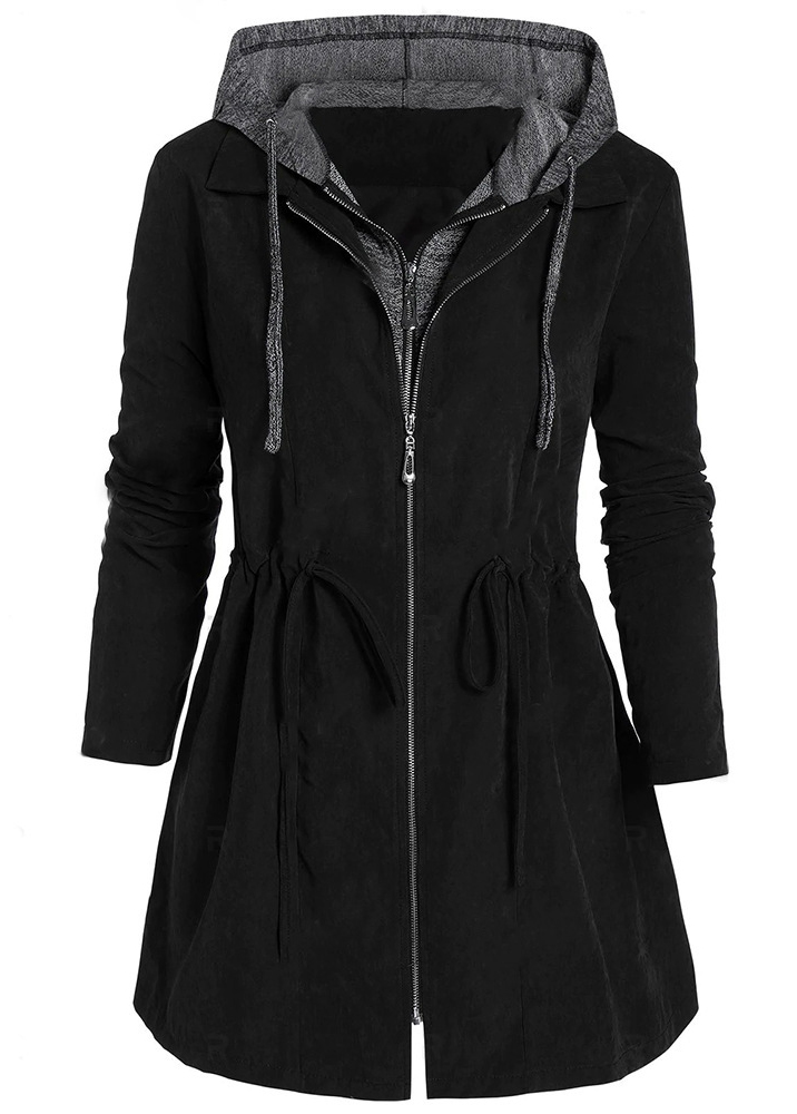 Black Plus Size Drawstring Long Sleeve Hooded Coat