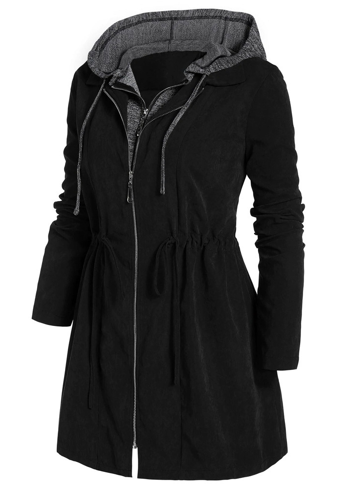 Black Plus Size Drawstring Long Sleeve Hooded Coat