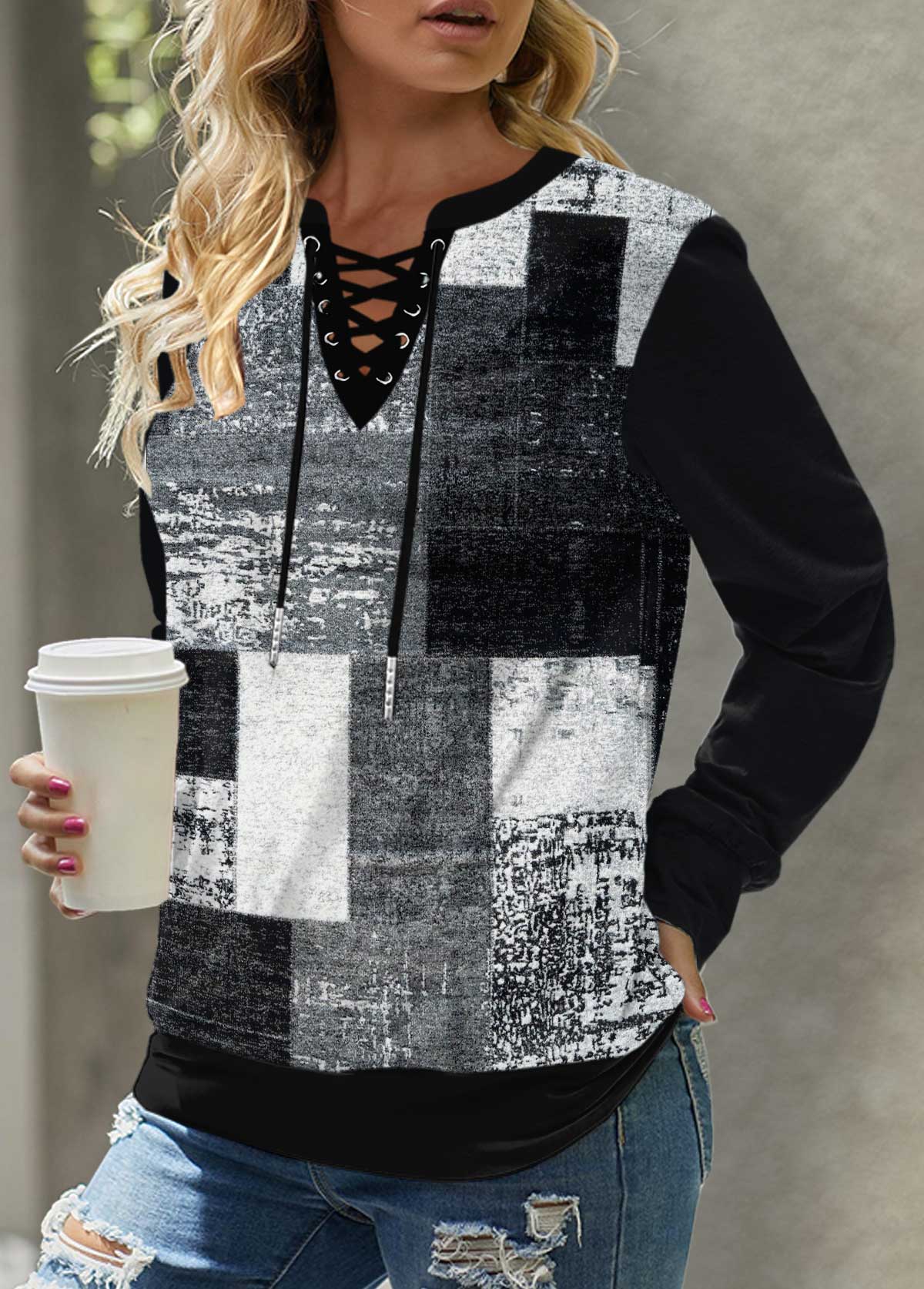 Plaid Eyelet Black Lace Up Collar Sweatshirt