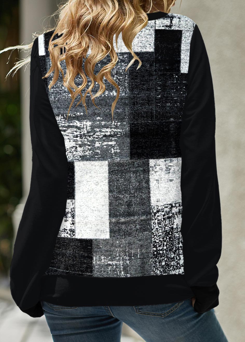 Plaid Eyelet Black Lace Up Collar Sweatshirt