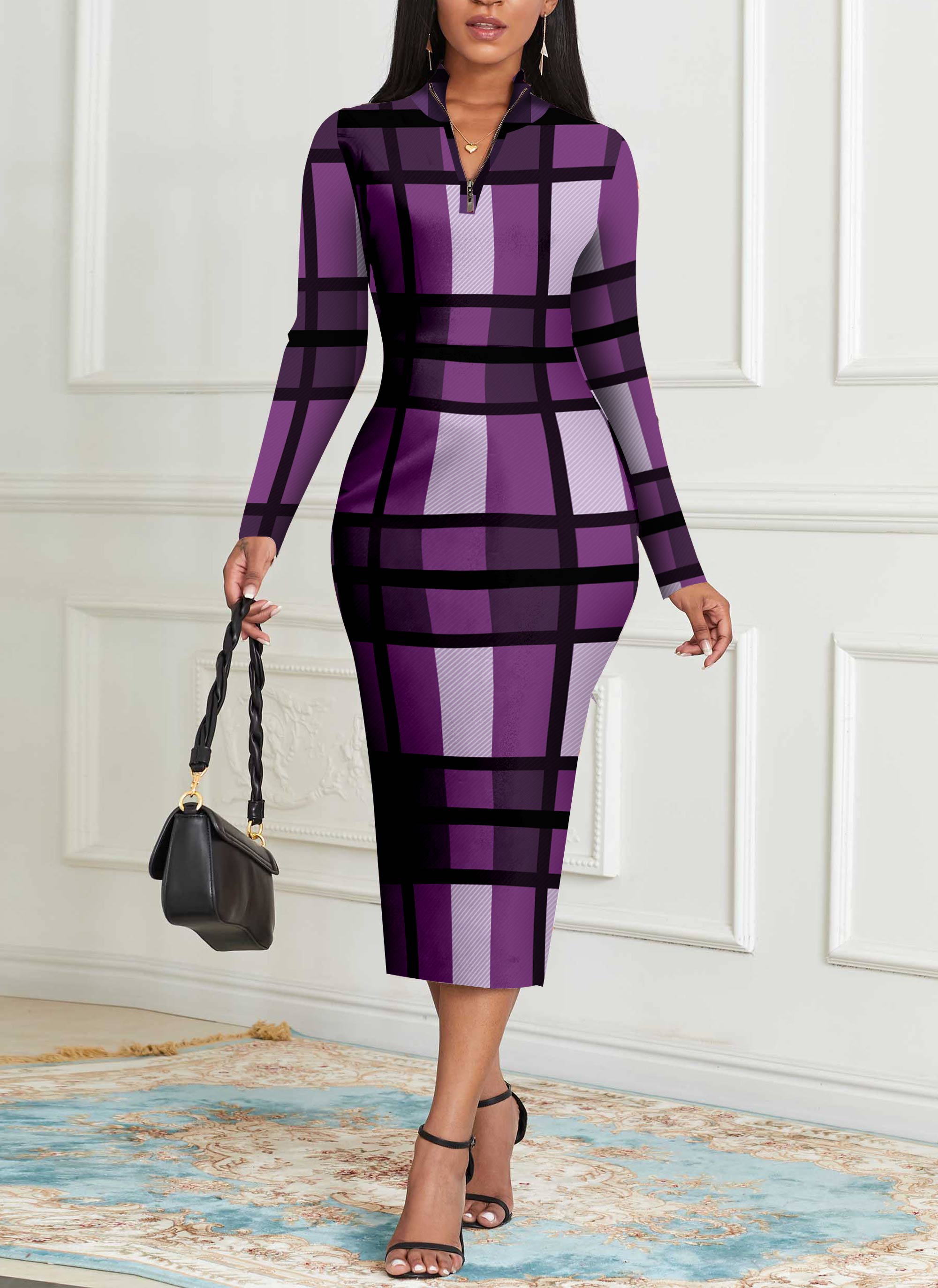 Plaid Long Sleeve Purple Zipper Bodycon Dress