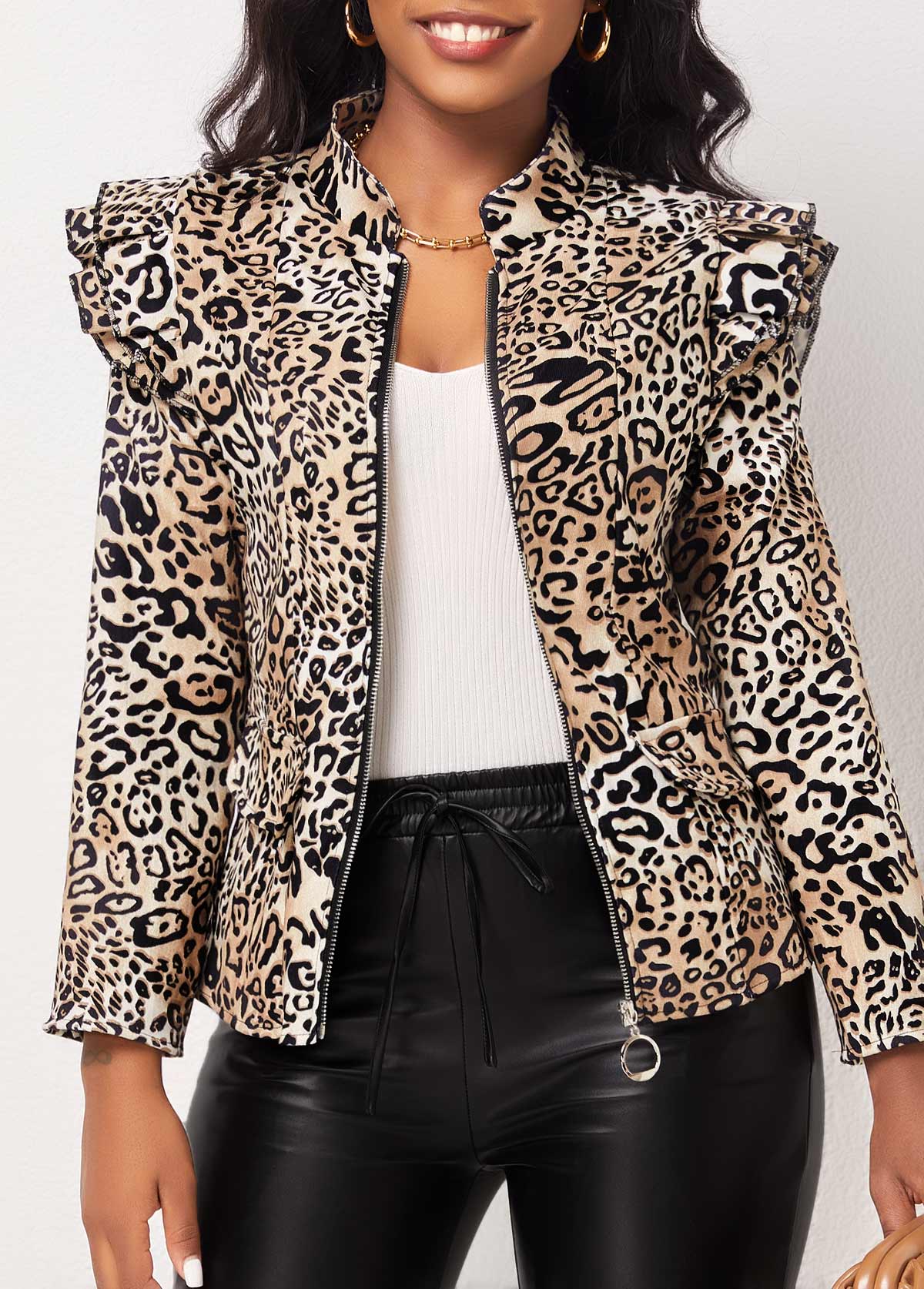 Leopard Zipper Multi Color High Neck Jacket