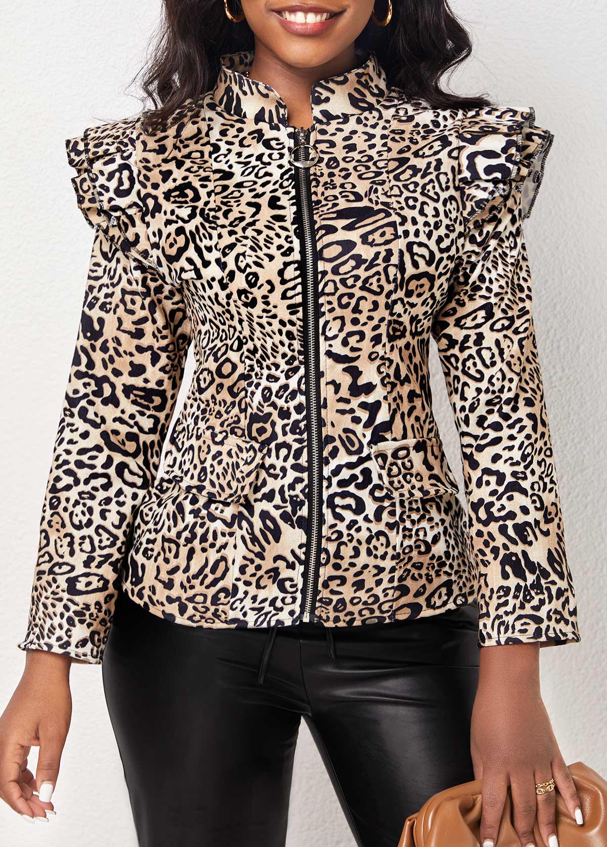 Leopard Zipper Multi Color High Neck Jacket