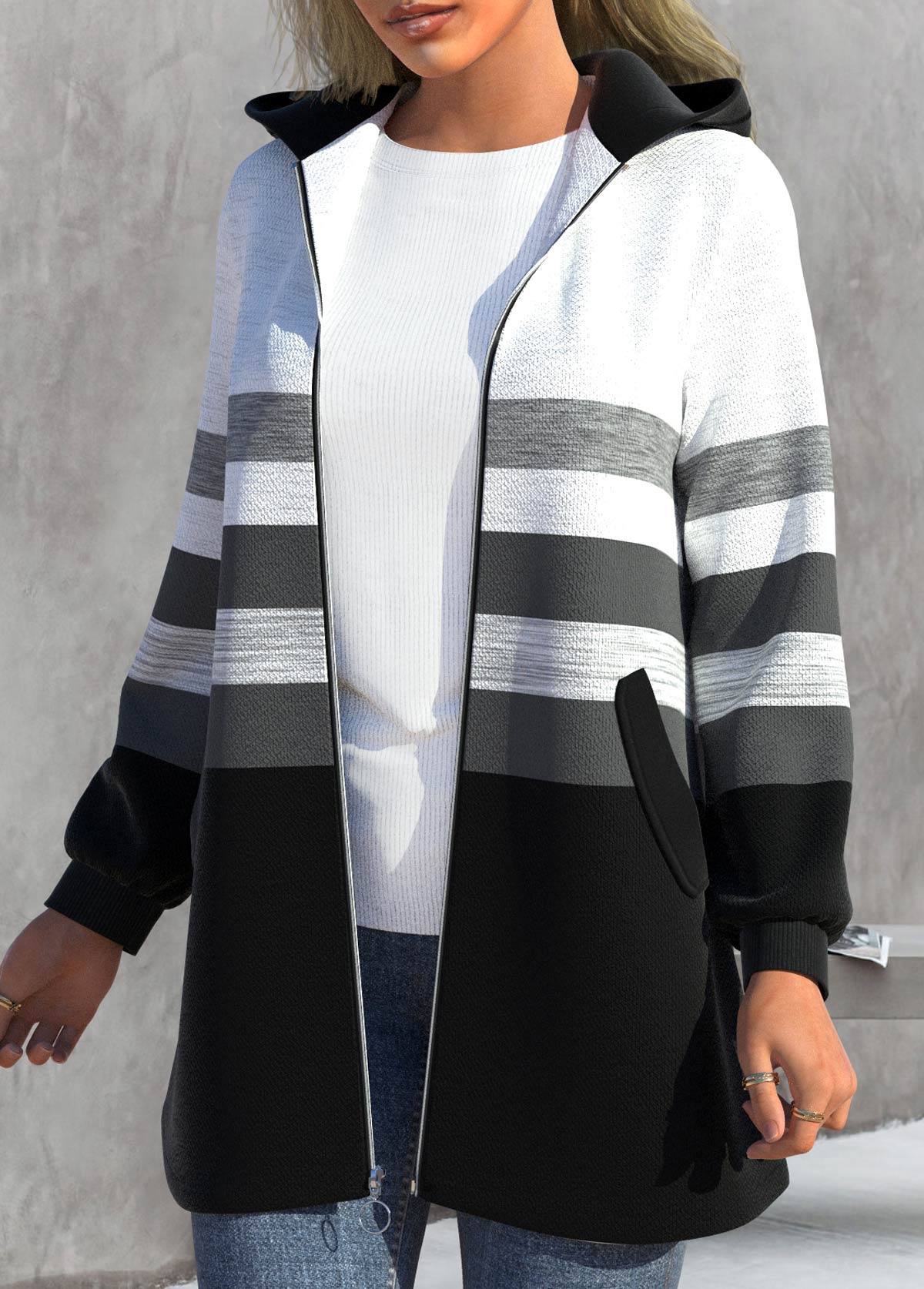 Plus Size Striped Zipper Black Hooded Long Sleeve Jacket