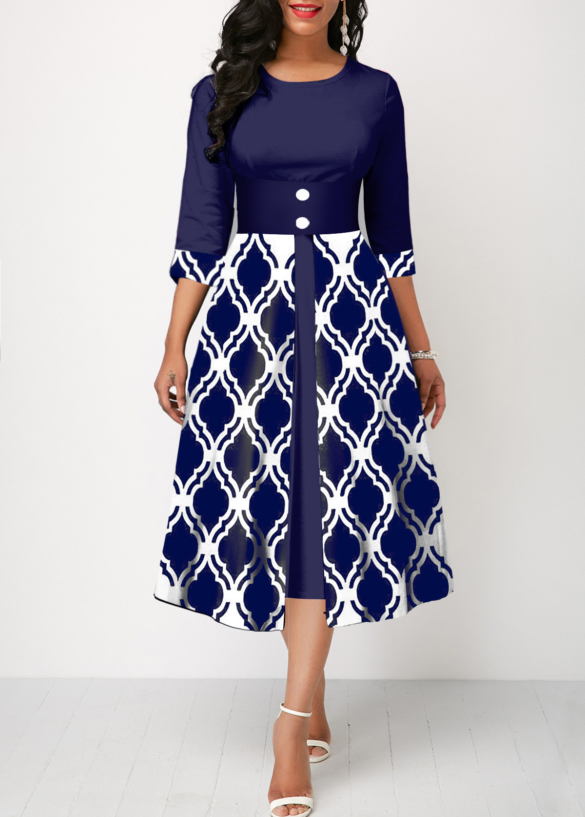 Geometric Print Navy Faux Two Piece Dress