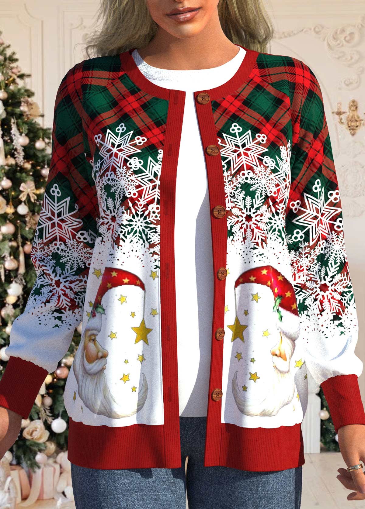 Santa Claus Print Multi Color Round Neck Cardigan