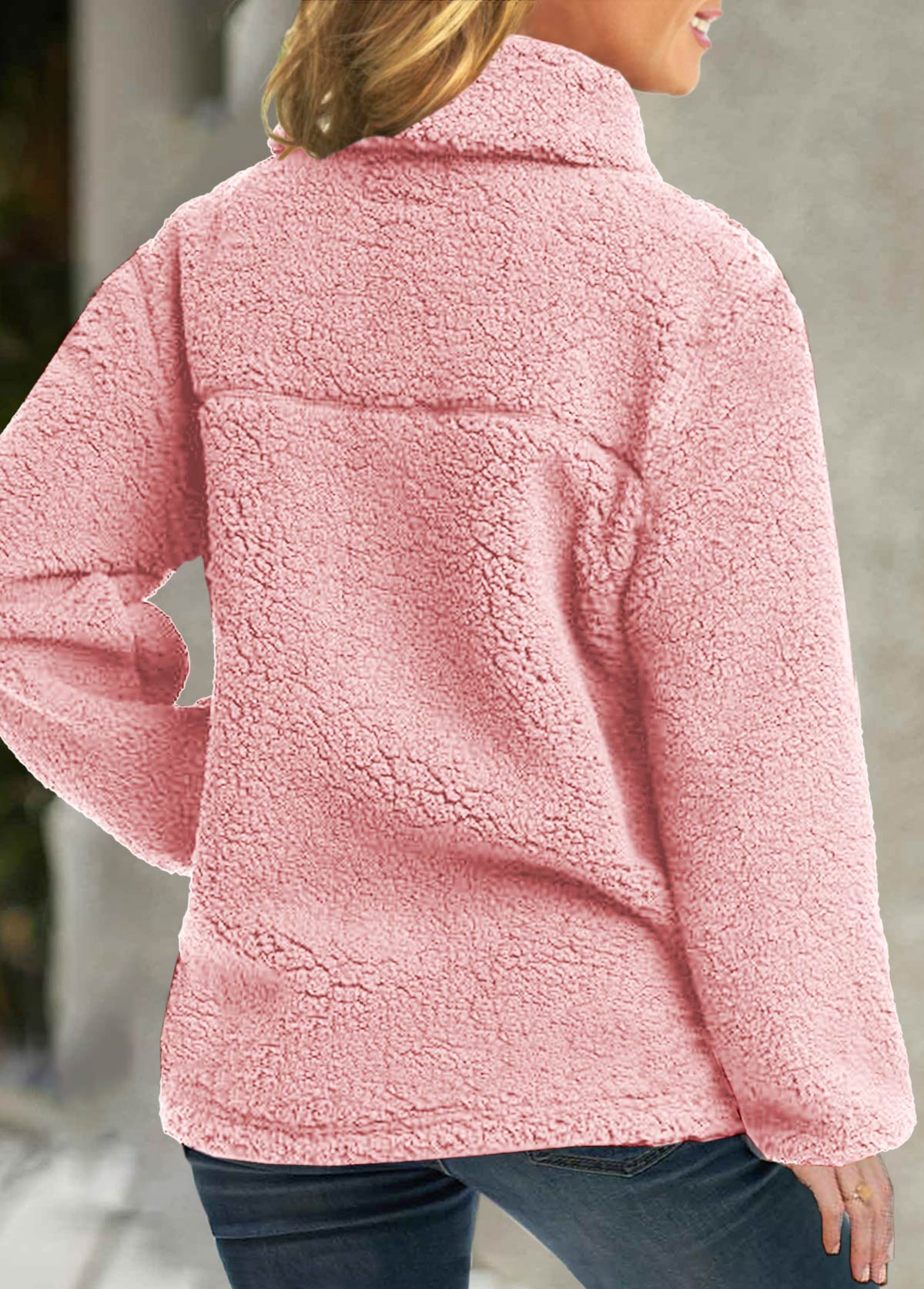 Plush Turn Down Collar Long Sleeve Pink Coat
