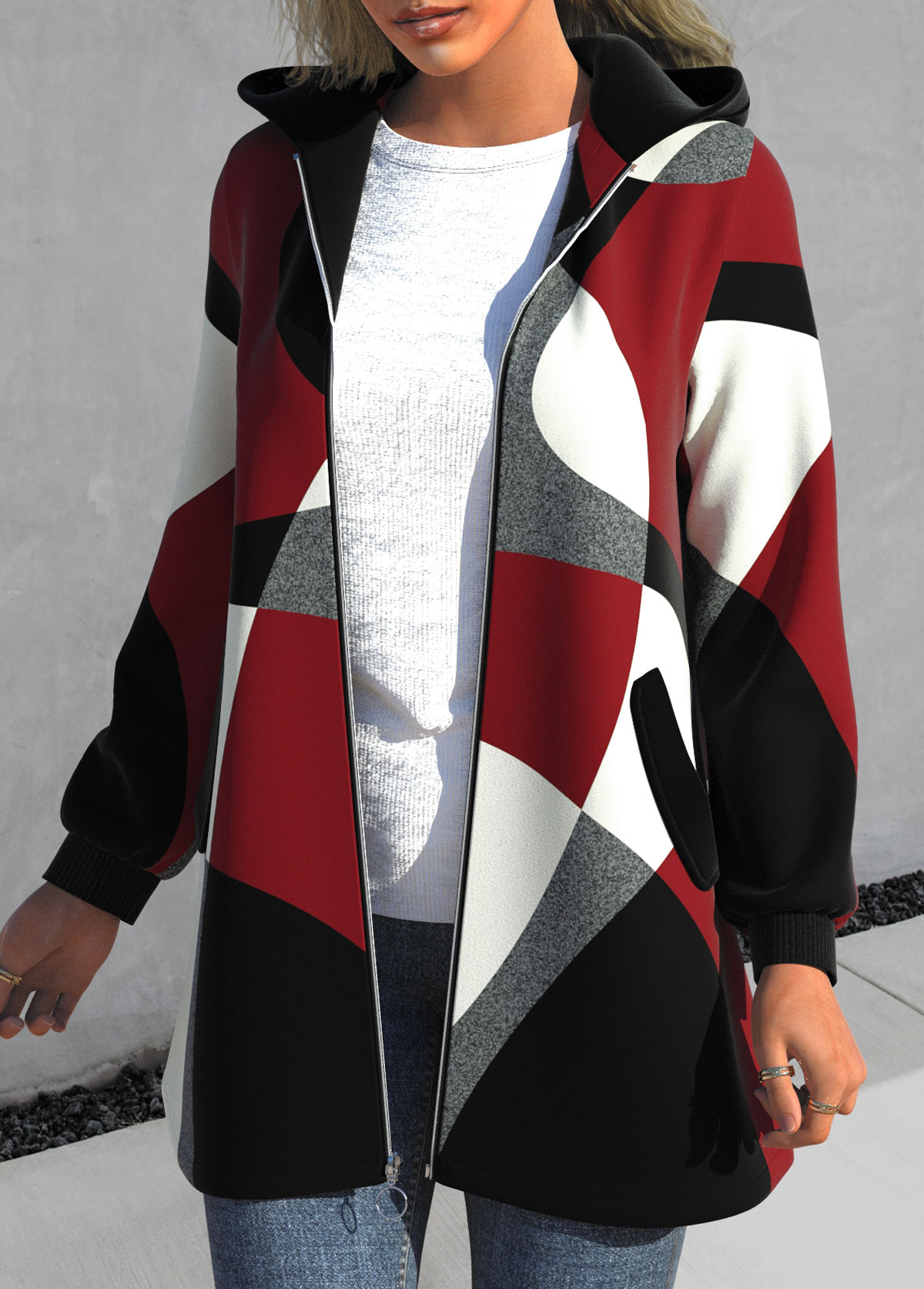 Plus Size Geometric Print Zipper Red Hooded Long Sleeve Jacket