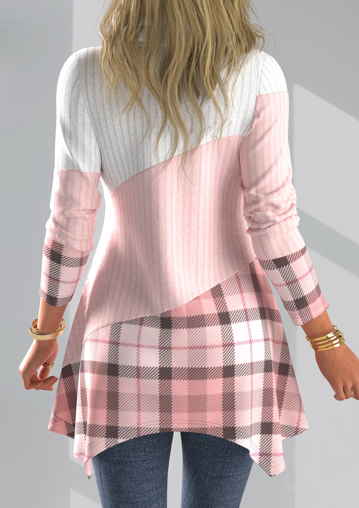 Plus Size Plaid Asymmetrical Neck Pink Long Sleeve Sweatshirt