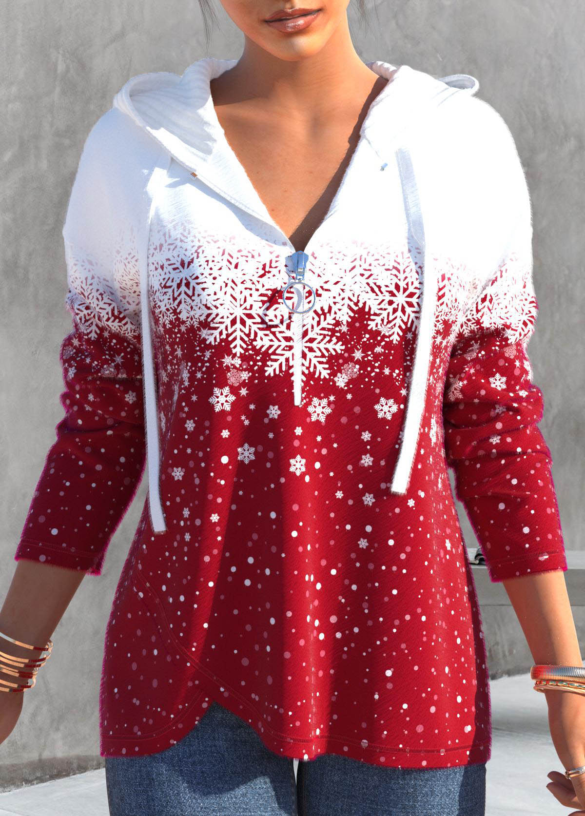 Christmas Snowflake Print Zipper Red Long Sleeve Hoodie