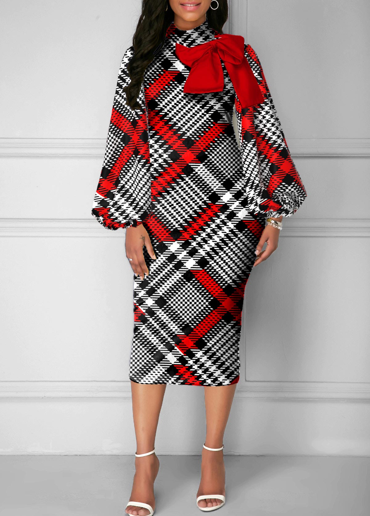 Houndstooth Print Bowknot Red Turtleneck Dress