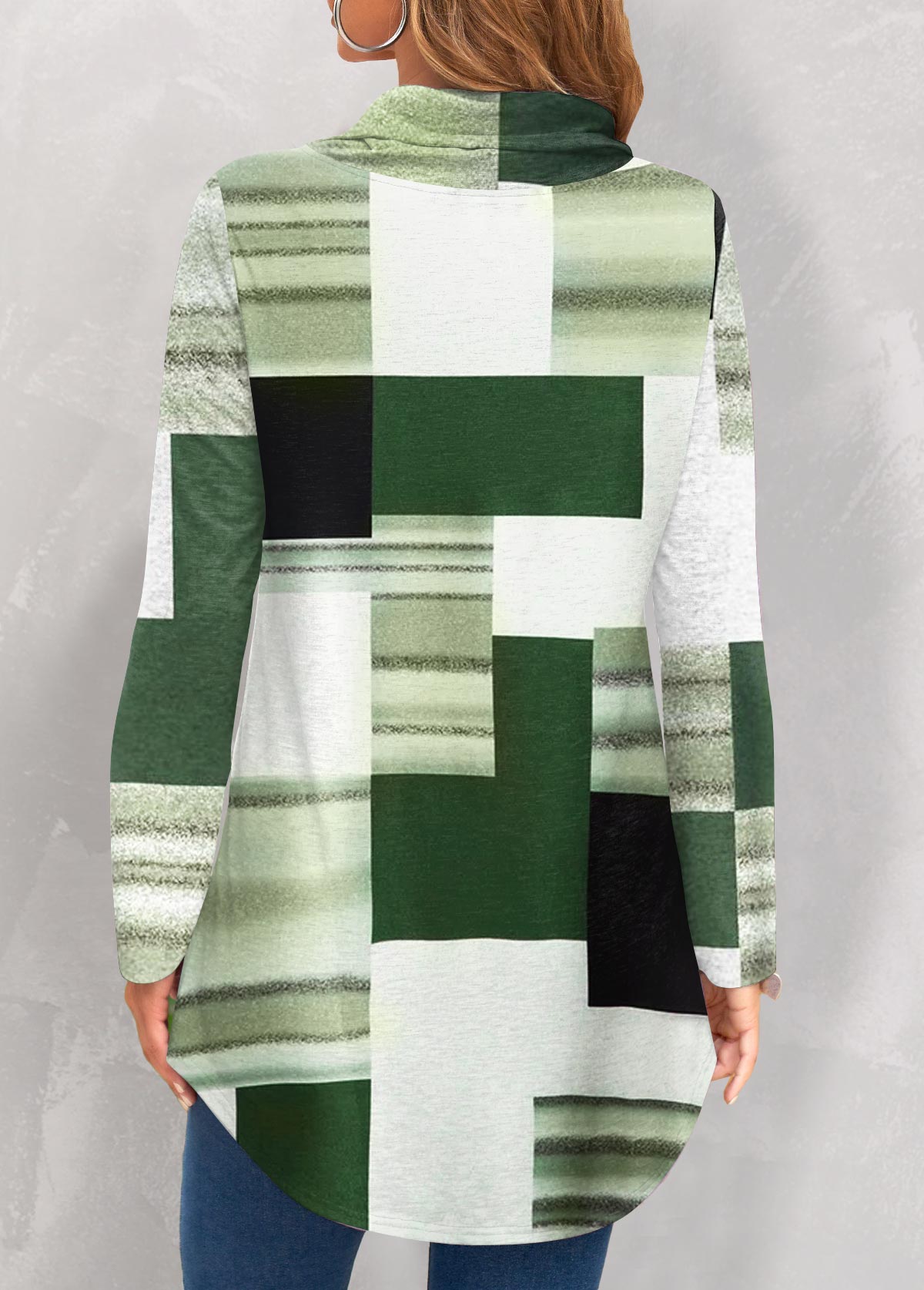 Geometric Print Patchwork Green Cowl Neck Sweatshirt