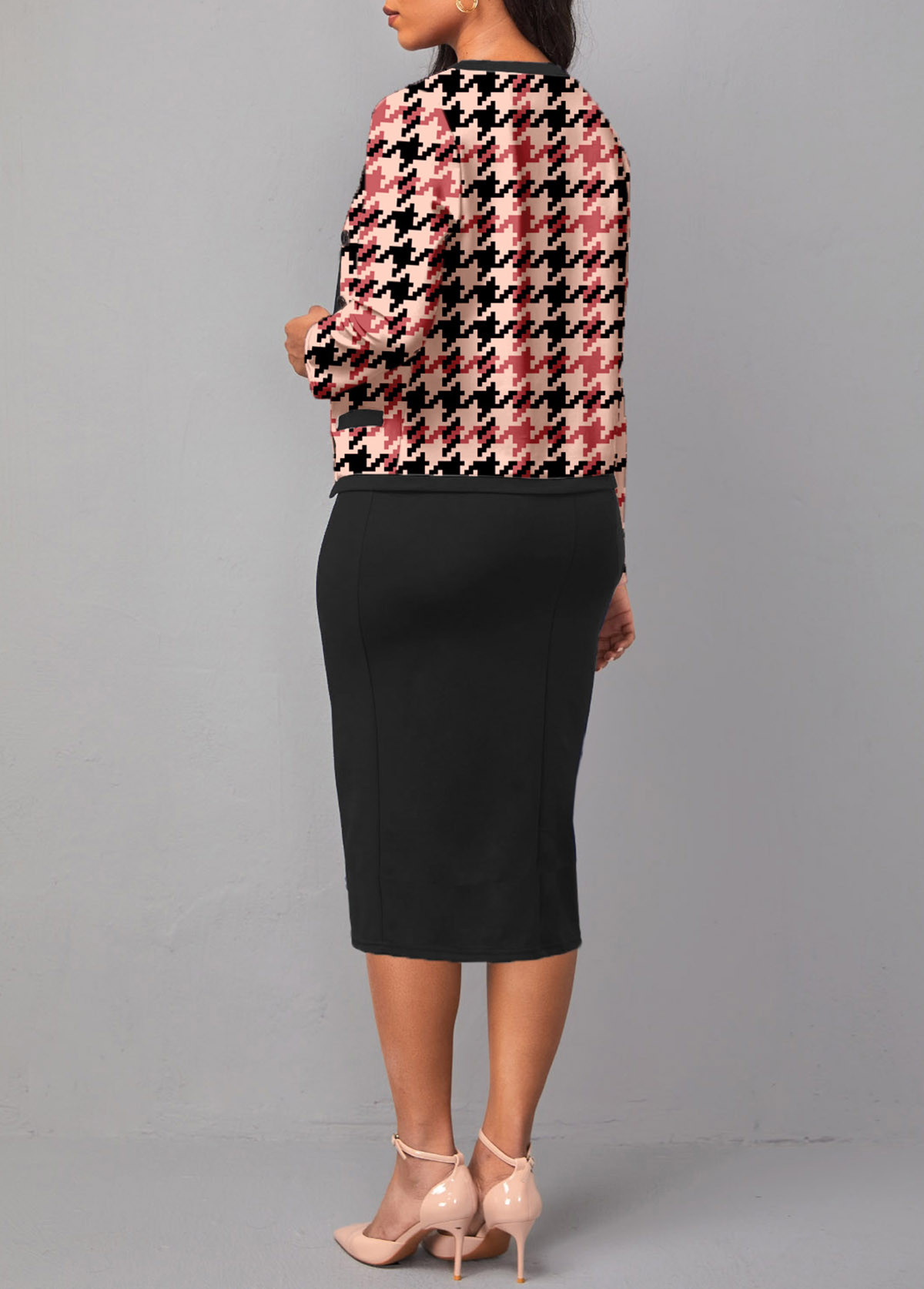 Houndstooth Print Two Piece Pink Dress and Cardigan