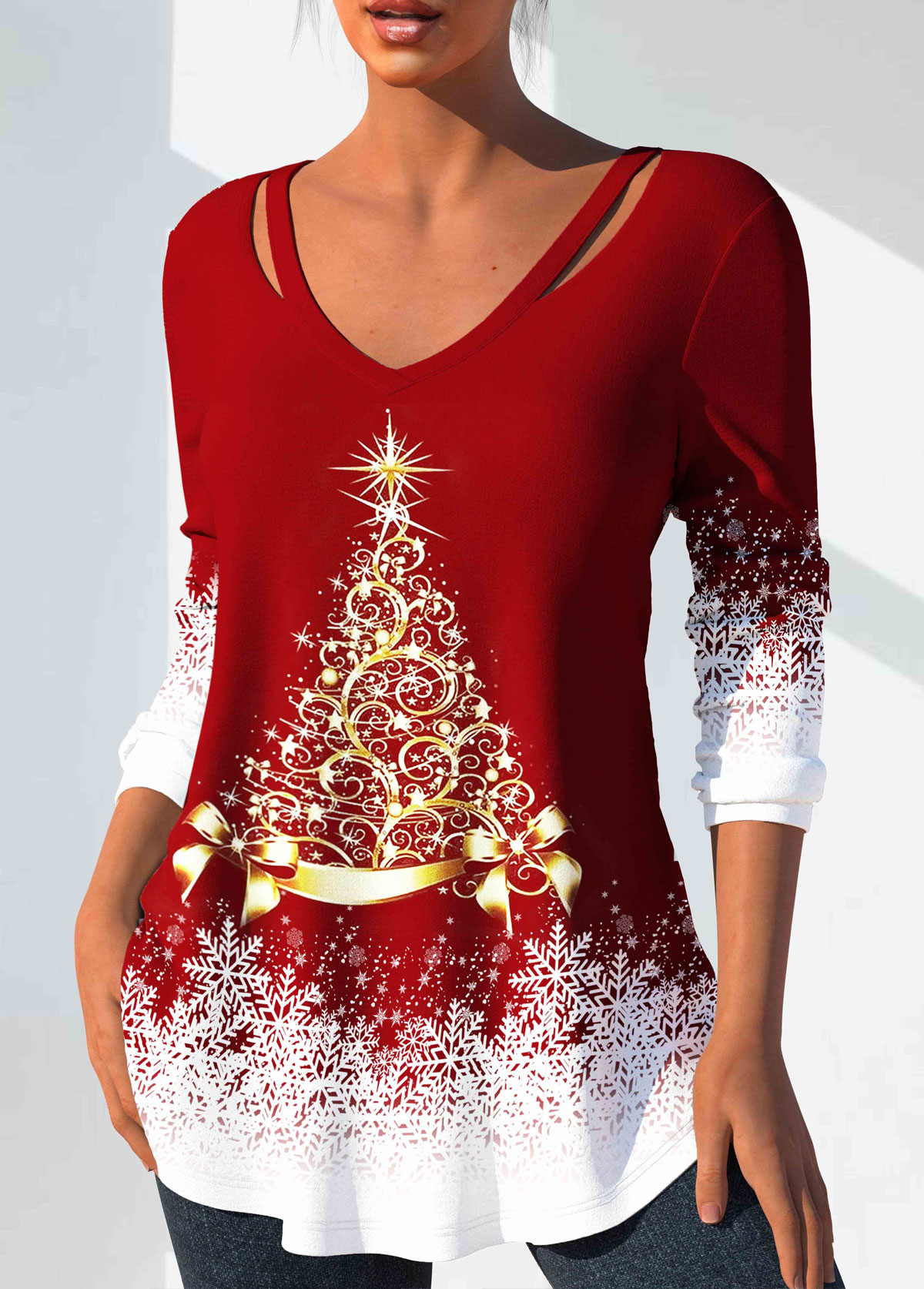Christmas Print Cut Out Red T Shirt