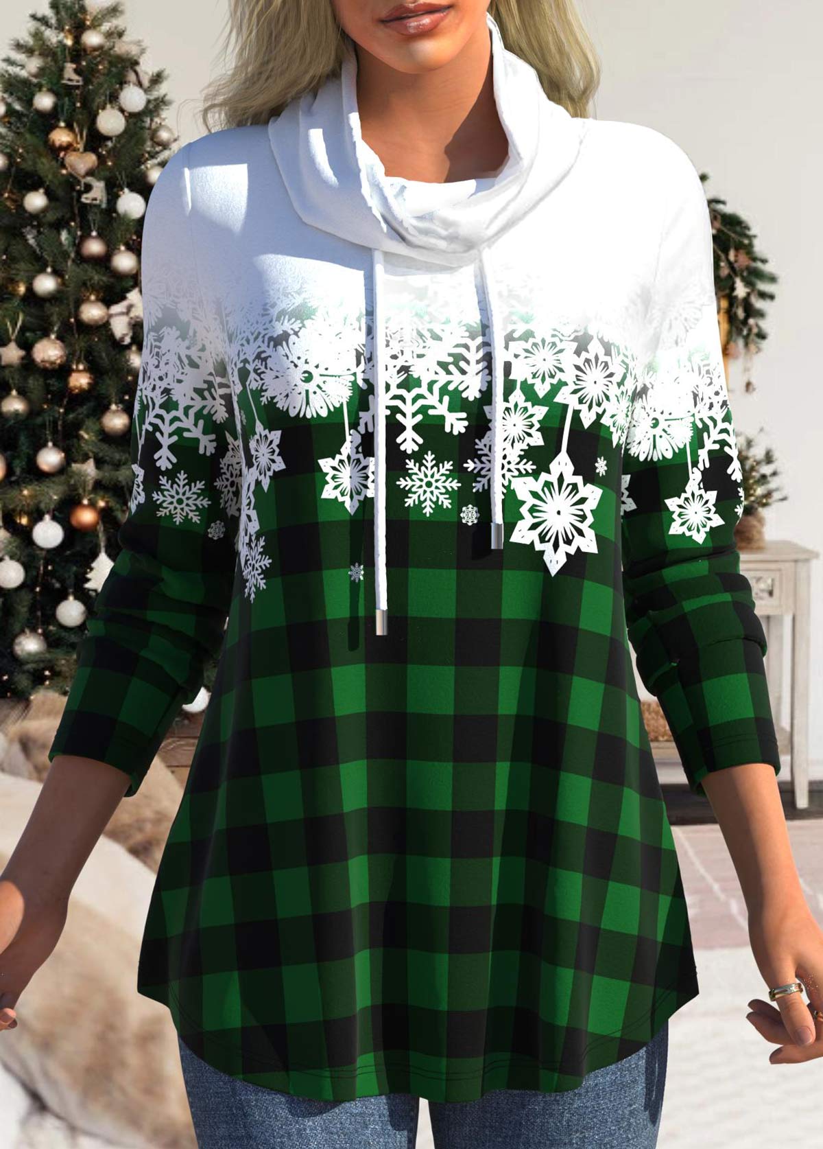 Snowflake Print Drawstring Green Cowl Neck Sweatshirt