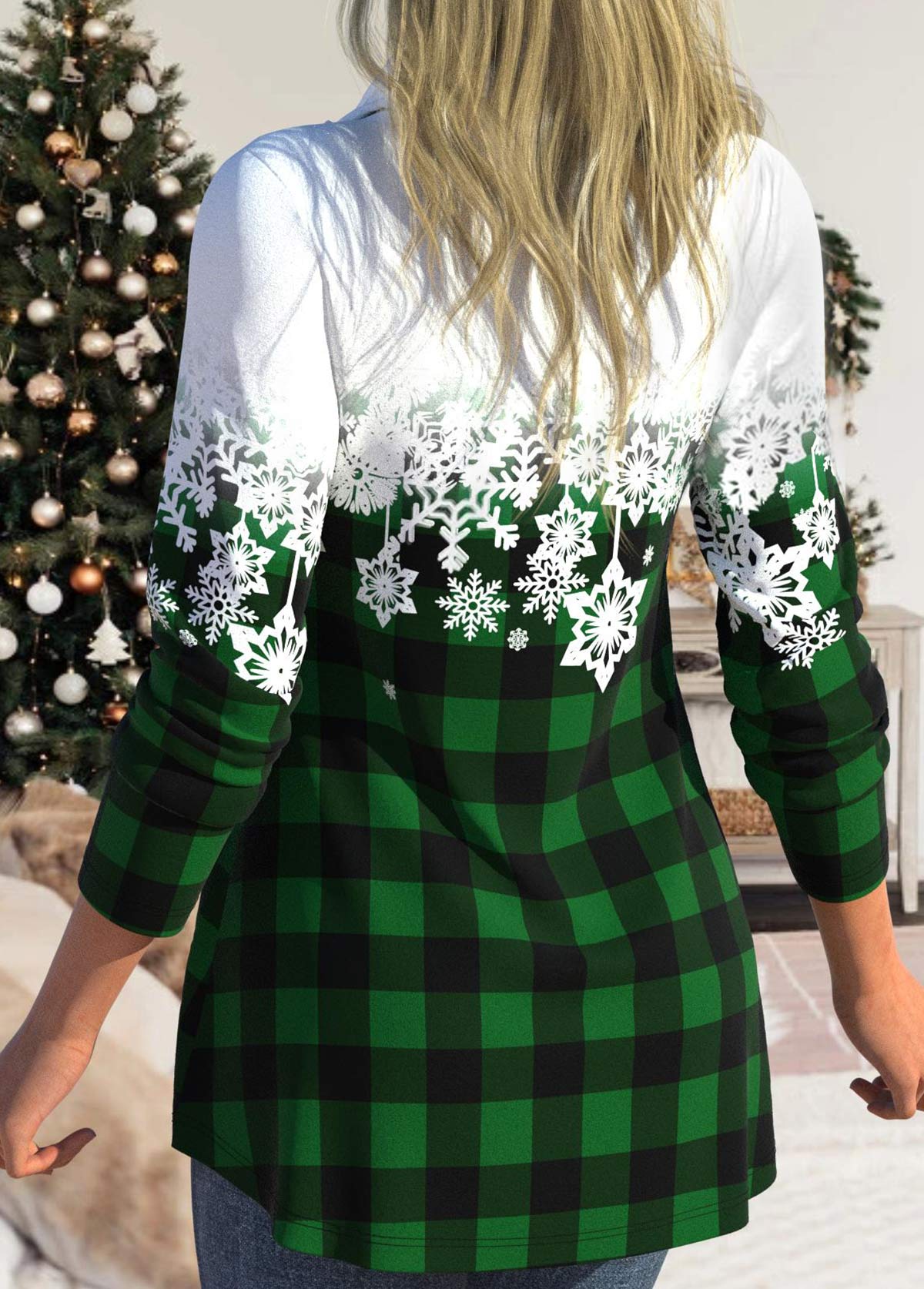 Snowflake Print Drawstring Green Cowl Neck Sweatshirt