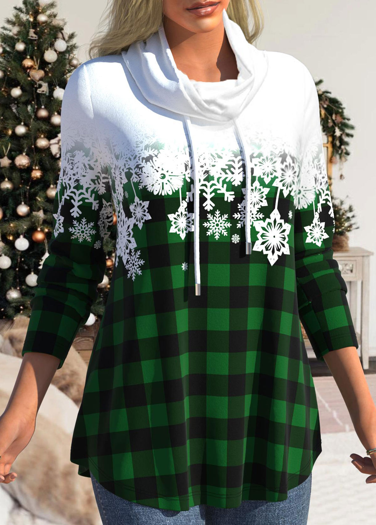 Plus Size Snowflake Print Drawstring Green Cowl Neck Sweatshirt