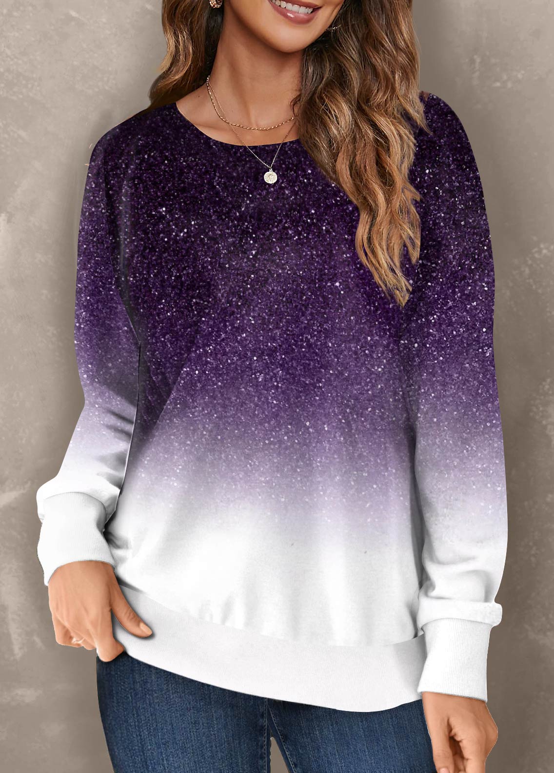 Ombre Round Neck Long Sleeve Purple Sweatshirt
