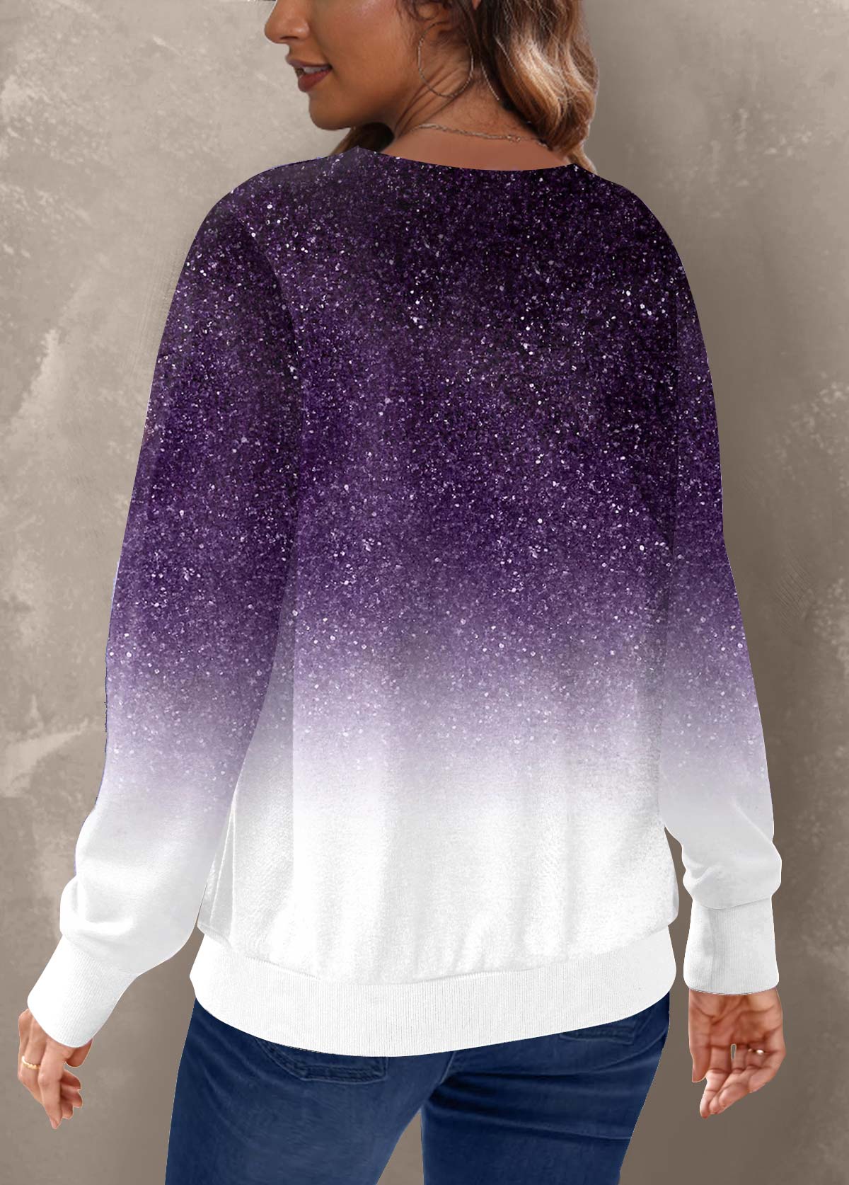 Ombre Round Neck Long Sleeve Purple Sweatshirt