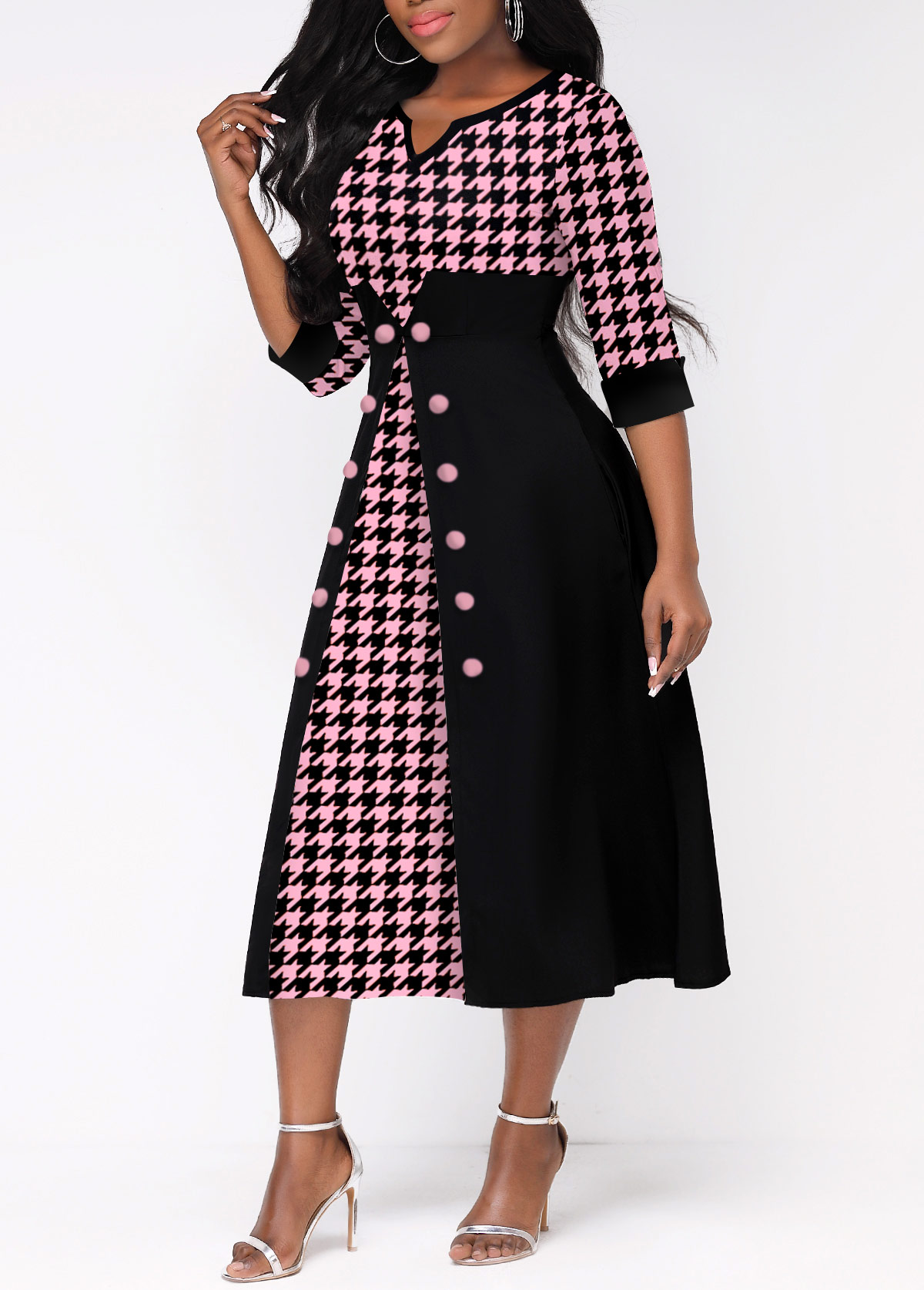 Faux Two Piece Houndstooth Print Pink Dress