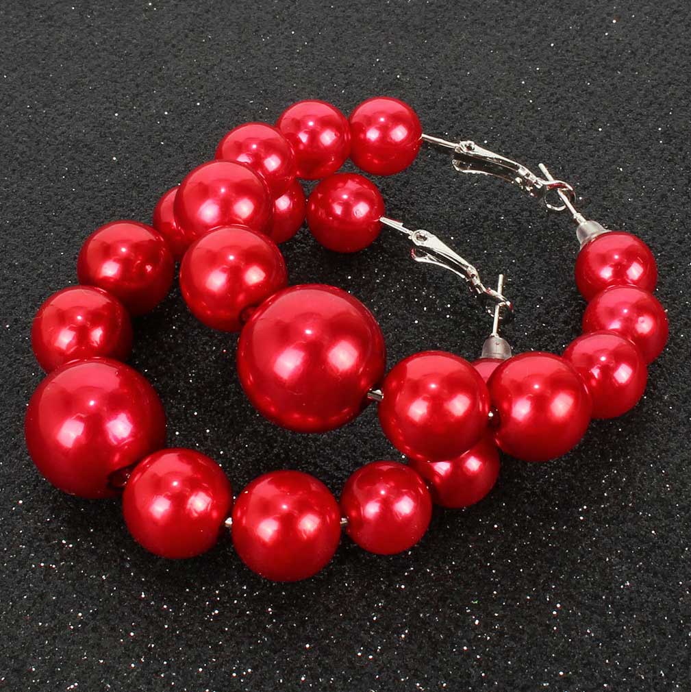 1 Pair Red Faux Pearls Round Plastic Earrings