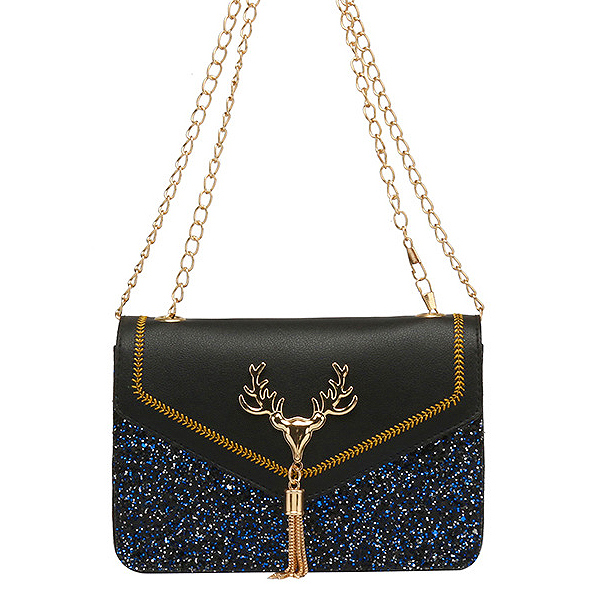 Faux Leather Black Sequined Magnetic Crossbody Bag