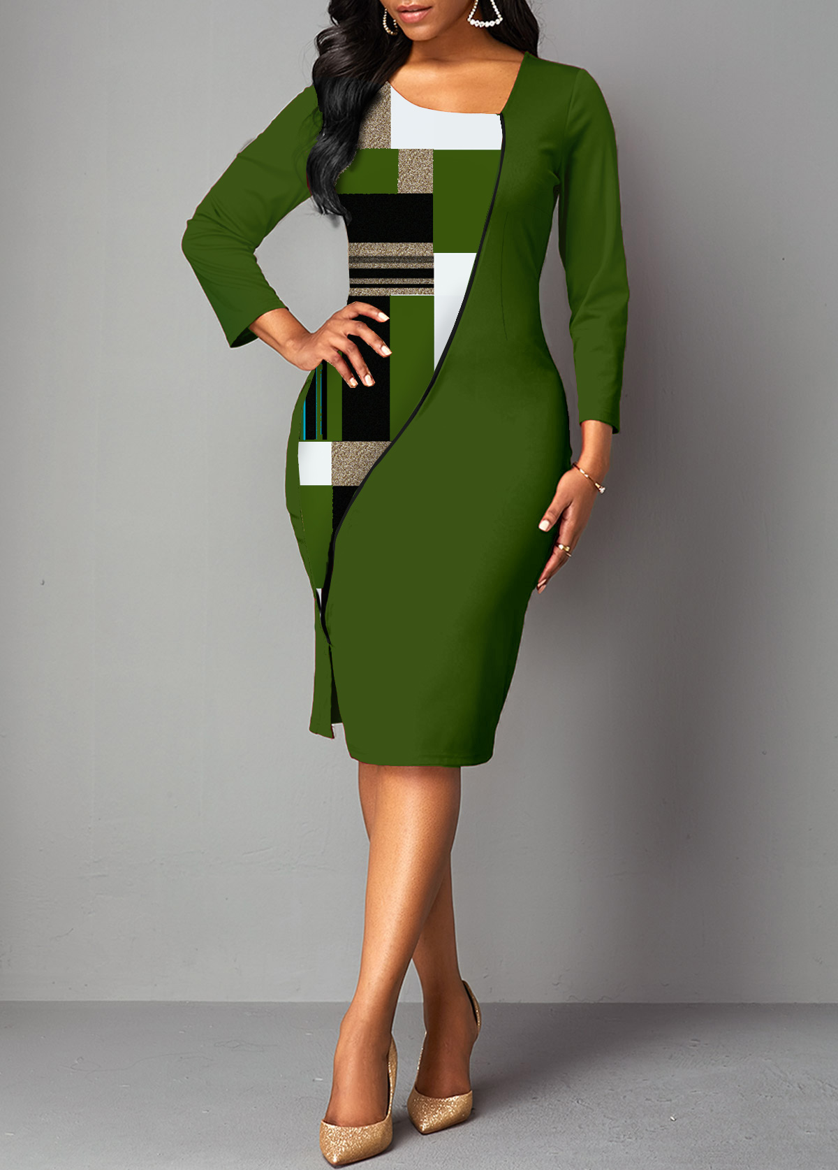 Geometric Print Split Olive Green Bodycon Dress
