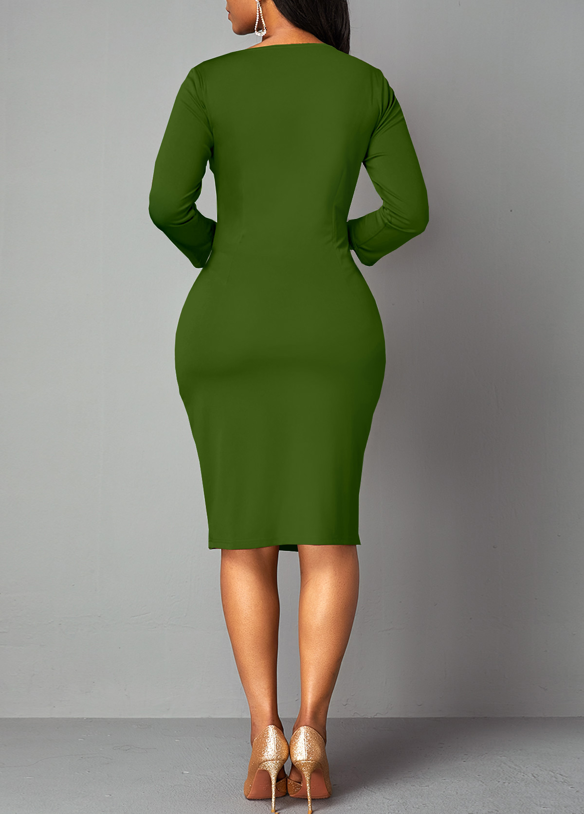 Geometric Print Split Olive Green Bodycon Dress