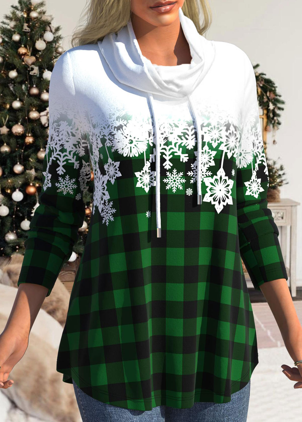 Snowflake Print Drawstring Green Cowl Neck Sweatshirt