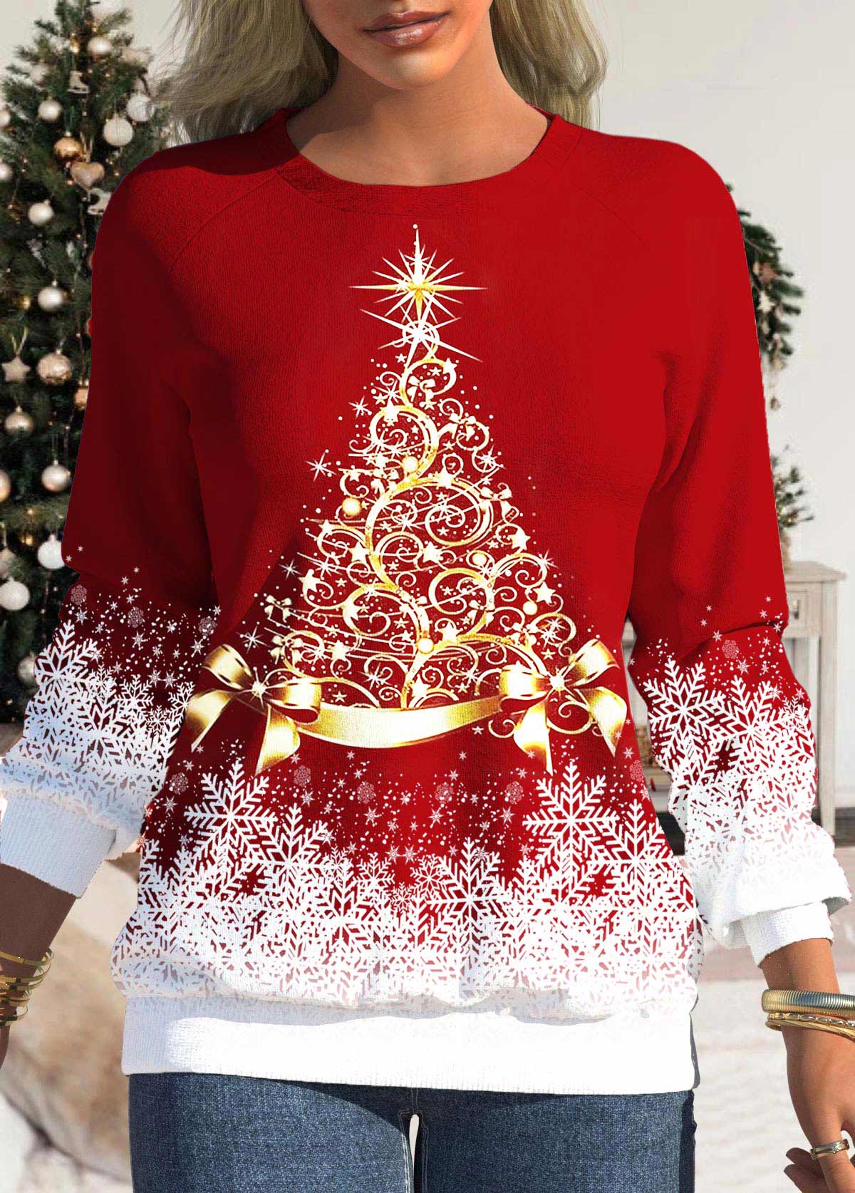 Christmas Tree Print Round Neck Red Sweatshirt
