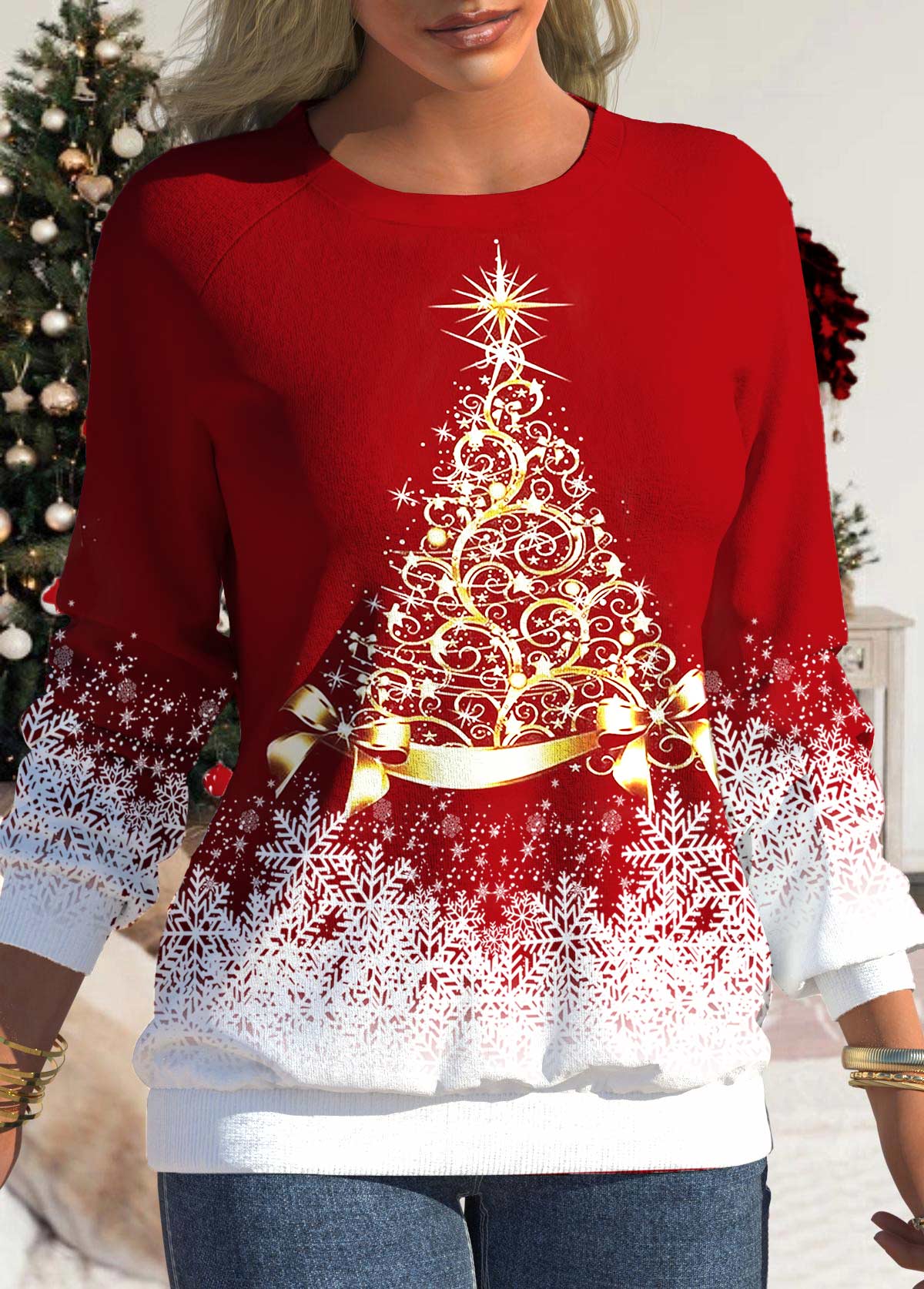Christmas Tree Print Round Neck Red Sweatshirt