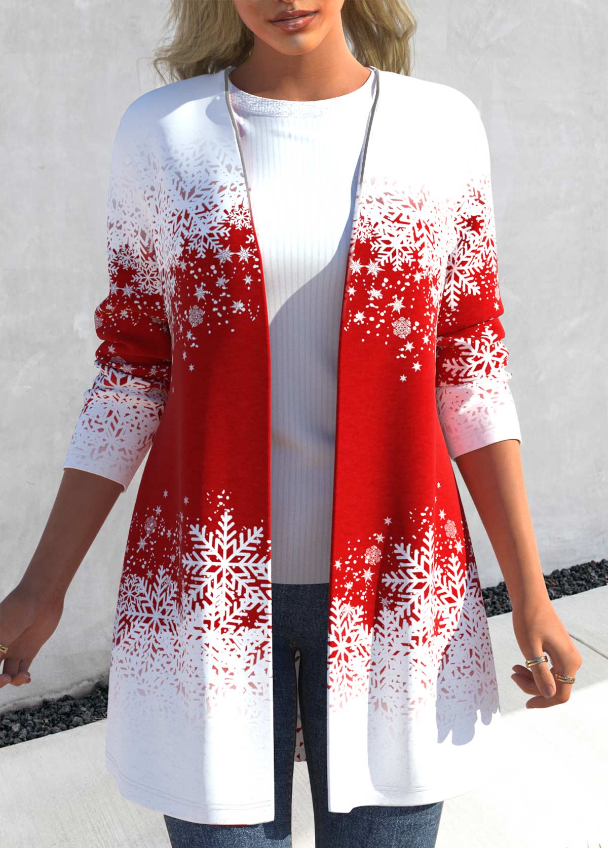 Christmas Snowflake Print Red Long Sleeve Coat