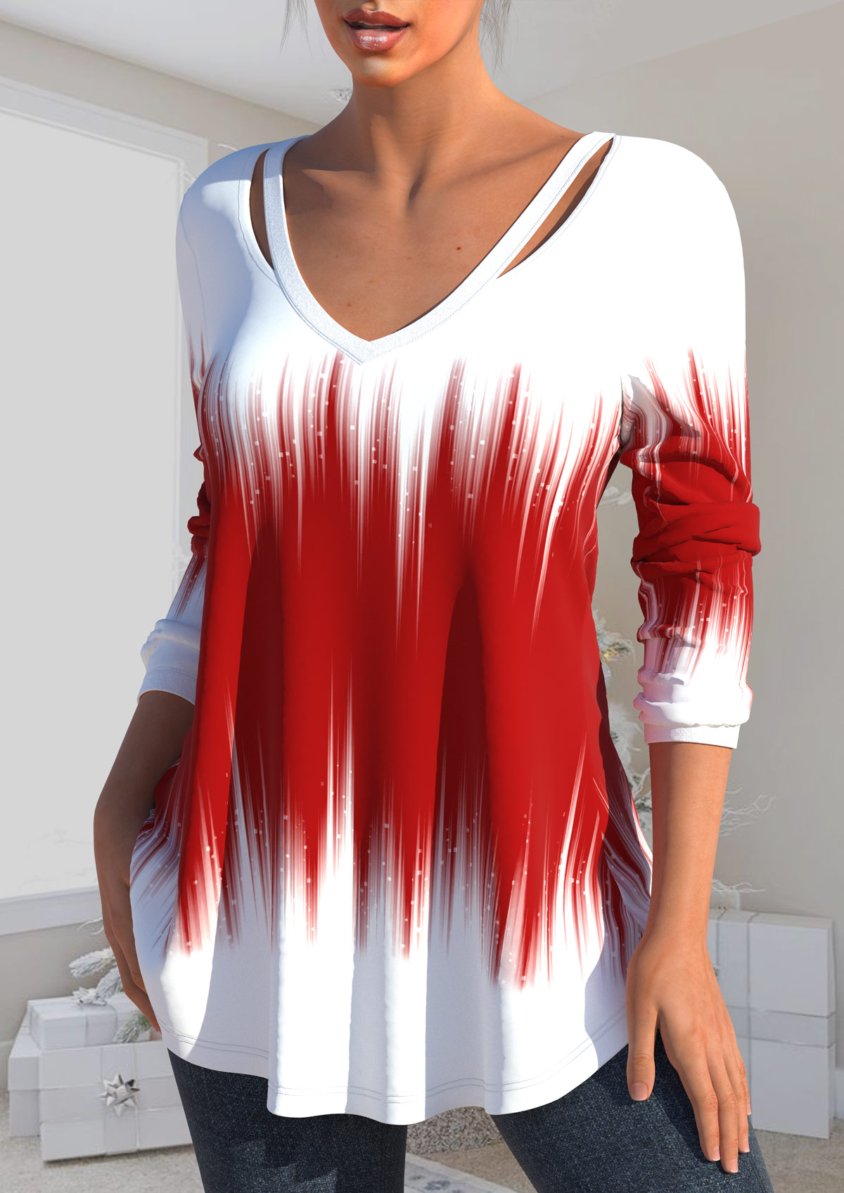 Ombre Cut Out Red V Neck T Shirt