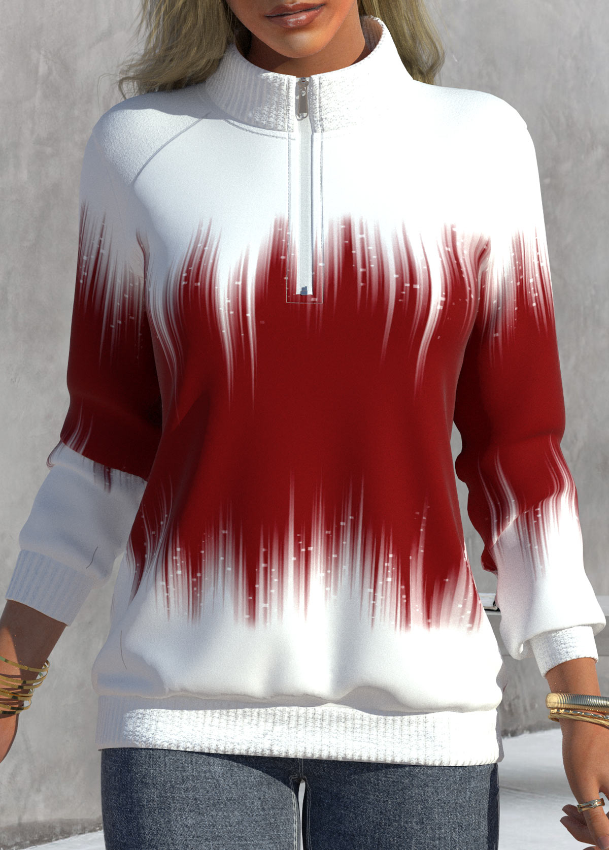 Ombre Zipper Red High Neck Long Sleeve Sweatshirt