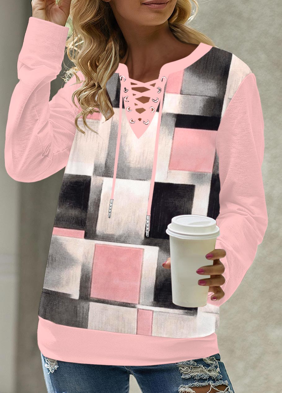 Plaid Lace Up Pink Long Sleeve Sweatshirt