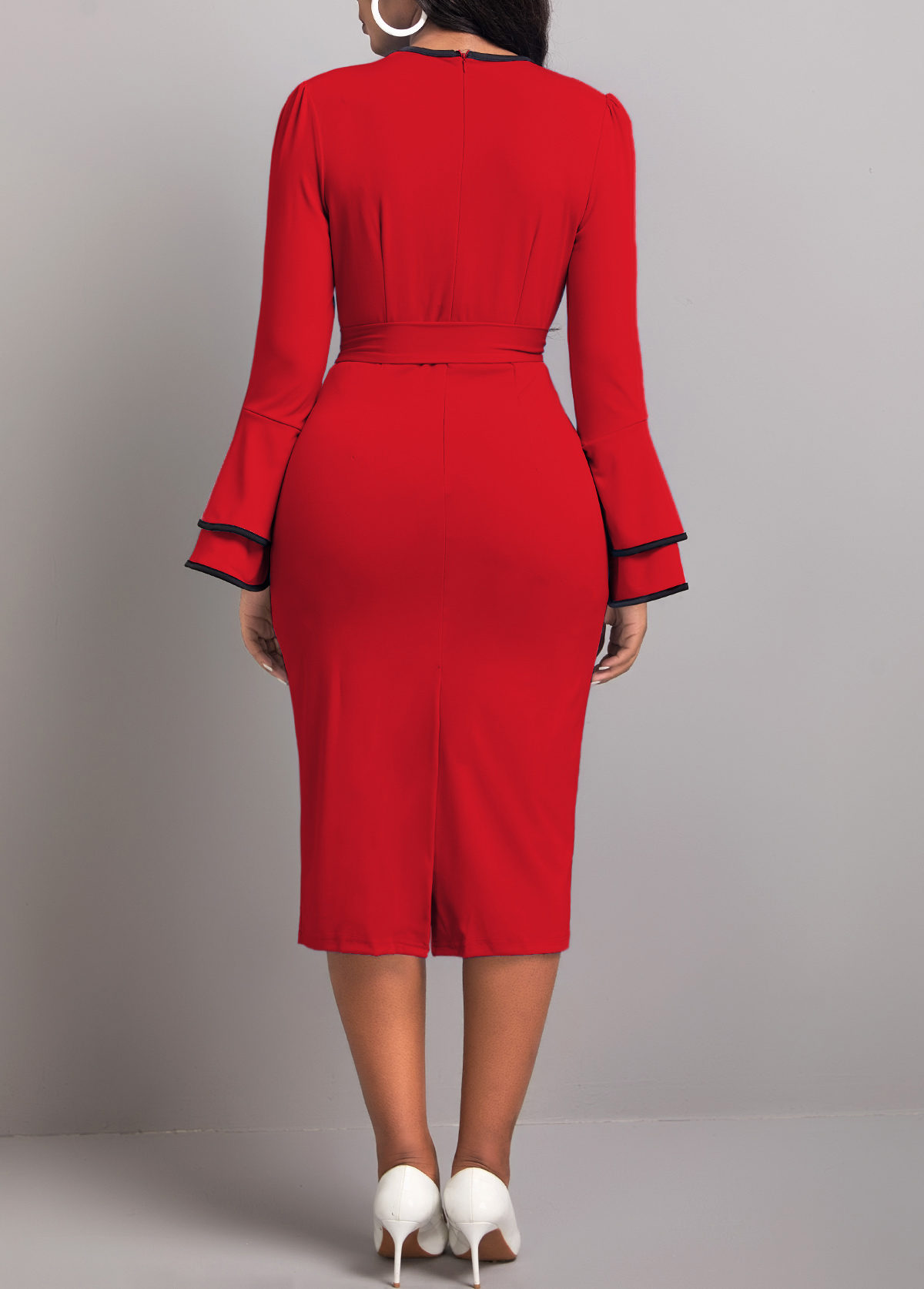 Contrast Binding Belted Wine Red Bodycon Dress