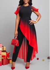 Red Ombre Asymmetric Hem Mesh Stitching Jumpsuit