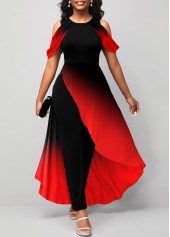 Red Ombre Asymmetric Hem Mesh Stitching Jumpsuit