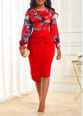 Floral Print Decorative Button Wine Red Dress | Rosewe.com - USD $36.98
